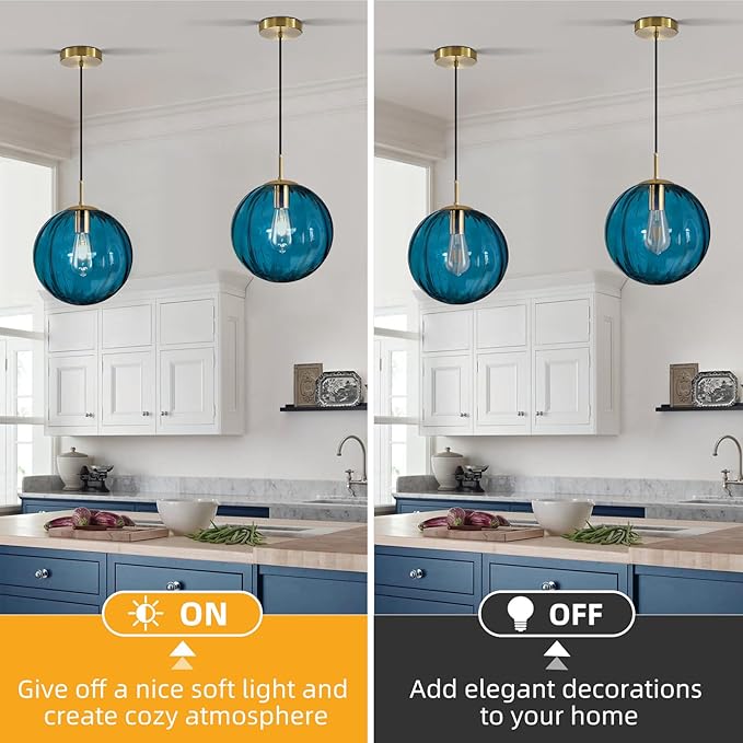 Modern Blue Glass Pendant Light, Kitchen Island Lighting 2-Pack Globe Pendant Light Fixtures Century Kitchen Island Pendant Lighting for Bedroom Living Dining Room Light Fixture (Without Bulb)