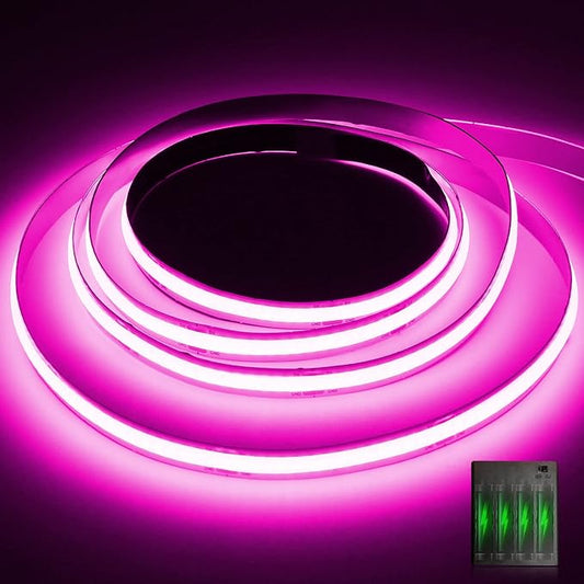 Battery Powered COB Led Strip Lights, 4.92Ft Battery Operated Pink LED Strip Light, High Brightness Flexible LED Tape Lights for Room, Cabinet, Bedroom, Kitchen, Party, Home DIY Decoration