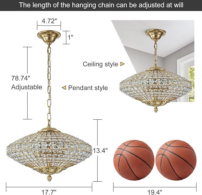 Crystal Chandelier, 18" Vintage Dining Room Light Fixture Farmhouse Large Foyer Chandeliers for High Ceilings Living Room Staircase Antique Brass