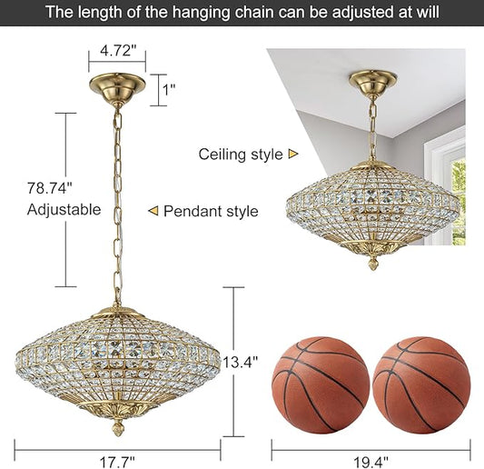 Crystal Chandelier, 18" Vintage Dining Room Light Fixture Farmhouse Large Foyer Chandeliers for High Ceilings Living Room Staircase Antique Brass