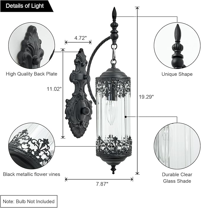 Vintage Wall Sconce with Glass Shade, Rustic Black Farmhouse Wall Light Fixture, Antique Gothic Decorative Metal Wall Lamp for Hallway, Bedroom, Living Room, Entryway, Mirror