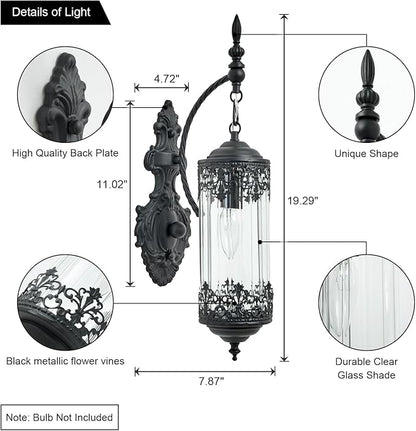 Vintage Wall Sconce with Glass Shade, Rustic Black Farmhouse Wall Light Fixture, Antique Gothic Decorative Metal Wall Lamp for Hallway, Bedroom, Living Room, Entryway, Mirror