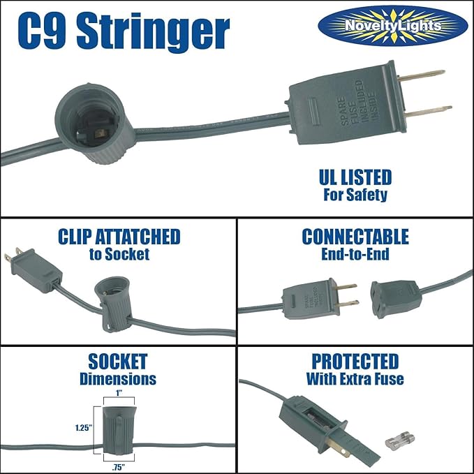 Novelty Lights 12.5 Foot String Light Set - Indoor/Outdoor Stringer for Christmas, Wedding Decor, Patios, & More - C9/E17 Intermediate Base (Brown Wire, 6" Spacing)