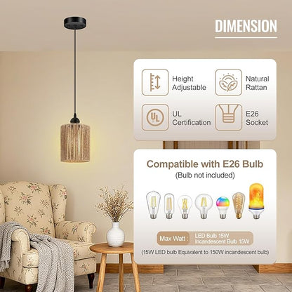 BoostArea Rattan Pendant Lights Kitchen Island, Farmhouse Chandelier with Handwoven Wicker Shade, Adjustable Height Boho Hanging Light for Kitchen Island/Dining Room/Bedroom/Hallway, 1 Pack, No Bulb