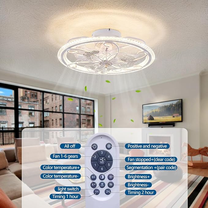 20" White Ceiling Fan with Lights Remote Control, 6 Speeds Retro Industrial Caged Ceiling Fan with Light for Kitchen Bedroom Living Room