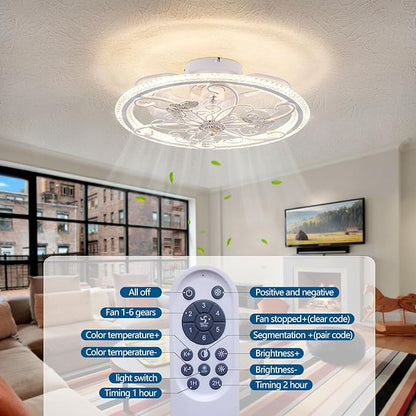 20" White Ceiling Fan with Lights Remote Control, 6 Speeds Retro Industrial Caged Ceiling Fan with Light for Kitchen Bedroom Living Room