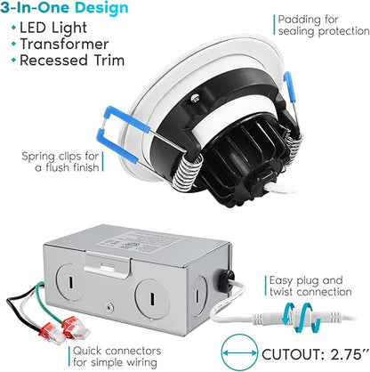 LUXRITE 3 Inch Gimbal LED Recessed Light with Junction Box, 5CCT Color Selectable 2700K-5000K, Dimmable Adjustable Eyeball Swivel Lights, 600 Lumens, 8W, IC Rated, Damp Rated, ETL Listed