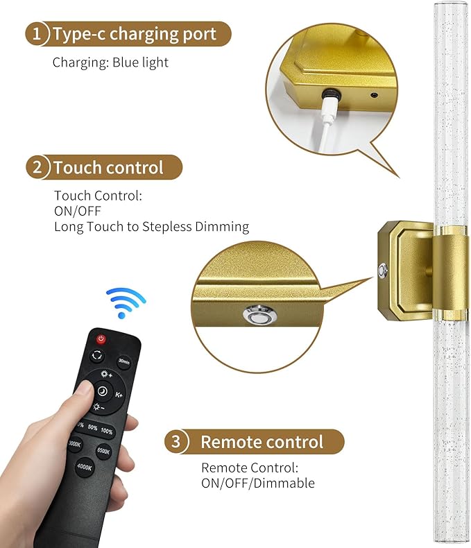 HISTAR Battery Operated Wall Sconce Set of 2, 10000mah Rechargeable Gold Crystal Wall Sconce, 3 Colors 360° Rotate Wireless Wall Scone Decor for Bathroom Bedroom Living Room, 20.5 Inch