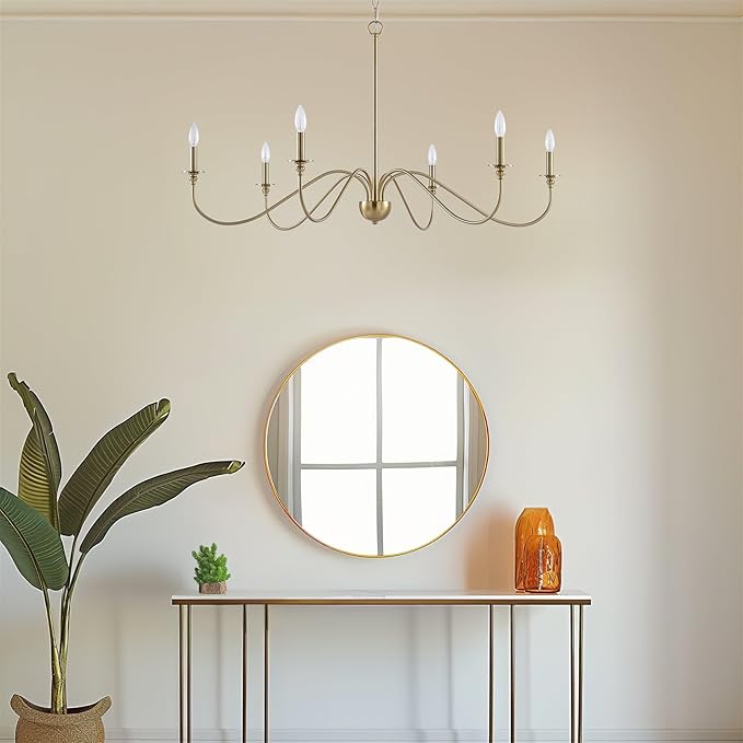 Kira Home Archer 47" 6-Light Large Farmhouse Gold Chandelier, Modern Gold Ceiling Fixture with Elegant Curved Swoop Arms, Cool Brass Finish