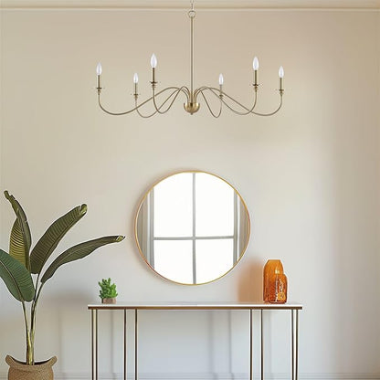 Kira Home Archer 47" 6-Light Large Farmhouse Gold Chandelier, Modern Gold Ceiling Fixture with Elegant Curved Swoop Arms, Cool Brass Finish