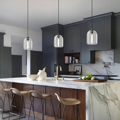 Crystal Pendant Light Kitchen Island: 5.1" Vintage Brass Hanging Lights above Dining Table - Modern Crystals Lighting over Kitchen Sink - Luxury Black Cylinder Pendants Light Fixtures Bulbs Included
