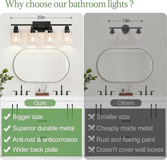 Indoi 4-Light Bathroom Light Fixtures, Matte Black Modern Vanity Lights with Clear Glass Shades, Bathroom Wall Lamp for Mirror Living Room Cabinet Bedroom Porch
