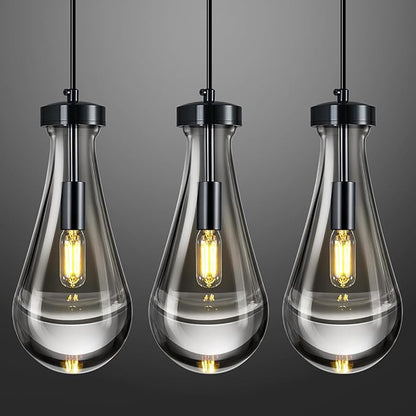 Raindrop Pendant Lights Kitchen Island Teardrop PlatingBlack Hanging Light Fixtures Clear Solid Glass Pendant Light Modern Chandeliers for Dining Room Porch Corridor Living Room(Black 3-Pack)