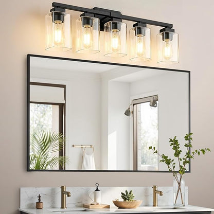 BesLowe 31" 5-Light Bathroom Light Fixture, Modern Black Bathroom Vanity Light, Bathroom Lighting Fixtures Over Mirror, Matte Black Wall Socnce Lamp, Wall Lights for Living Room Bedroom Hallway
