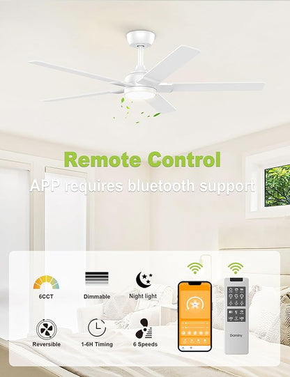 DAMINY 52 inch White Ceiling Fans with Lights,5 Blades,6CCT, Low Profile,Remote Control,for Bedroom, Kitchen,Living Room,Indoor/Outdoor Use,Downrod