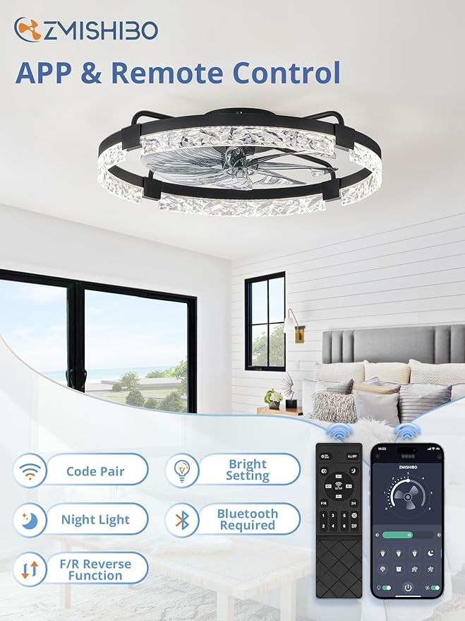 ZMISHIBO Ceiling Fans with Lights and Remote, 24 Inch Flush Mount Fan Light, 6 Speeds, 3CCT, Dimmable, Low Profile Ceiling Fan, Modern Ceiling Fan with Light for Bedroom and Living Room, Black