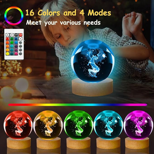 3D Dragon Crystal Ball Night Light, 60mm 16 Colors with Wooden Base and Remote Control, Dragon Gift