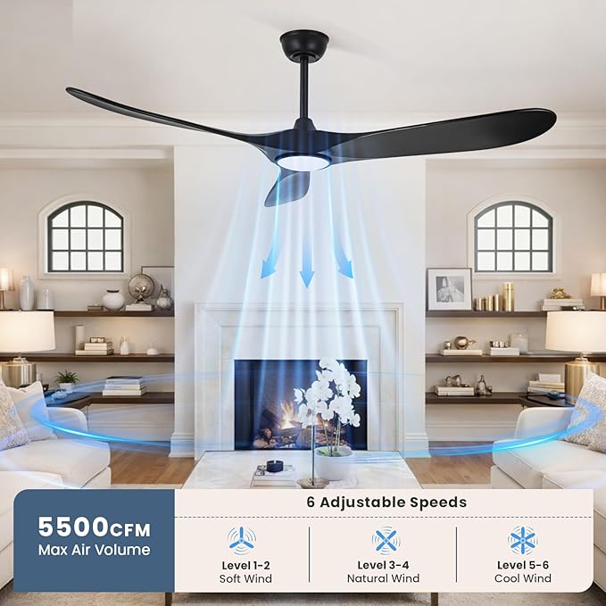 heimo 60 Inch Black Ceiling Fan with Light and Remote, Wood Outdoor Ceiling Fans with Lights Dimmable for Bedroom Living Dining Room Patios Garage Gazebo Farmhouse Big Dc Reversible Fan
