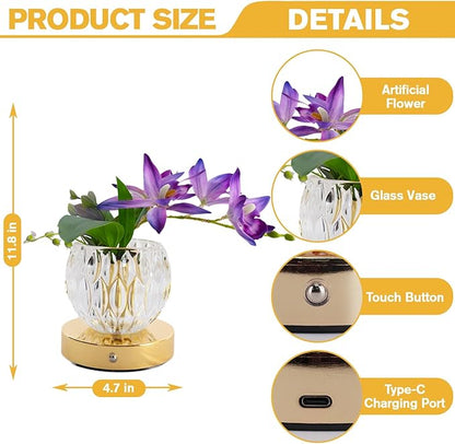 Flower Table Lamp, 3-Color Touch Dimming Orchid Glass Night Light, Rechargeable Artificial Flower Light, Desktop Ambient Light Romantic Gifts for Girls Women Mom (Purple-Ivory Orchid)