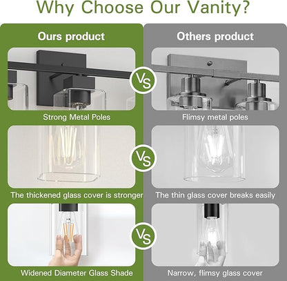 Matte Black Bathroom Vanity Light, 3-Light Vanity Lighting fixtures Over Mirror, Square Design & UL Certification, Wall Sconces with Clear Glass Shades, E26 Socket (Bulbs Not Included)