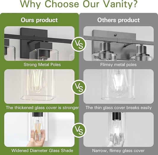 Matte Black Bathroom Vanity Light, 3-Light Vanity Lighting fixtures Over Mirror, Square Design & UL Certification, Wall Sconces with Clear Glass Shades, E26 Socket (Bulbs Not Included)