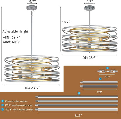ACNKTZ 23.6'' Large Vintage Round Chandelier, 6-Light Modern Farmhouse Lantern Chandelier, Antique Double Drum Chandelier for Dining Room Entryway Kitchen Island Foyer, Silver with Gold Interior