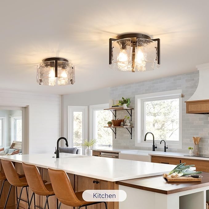 Modern Black Semi Flush Mount Ceiling Light Fixtures, 14" Drum Glass Kitchen Ceiling Light Fixture Mid Century Vintage Lights for Dining Room over Table Hallway Foyer Entryway Bathroom Laundry Bedroom
