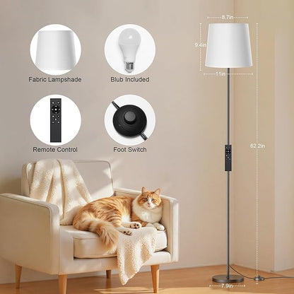 SIBRILLE Floor Lamp with White Shade, 62" Dimmable LED Standing Lamp with Remote, 9W E26 Bulb Included, 3000-6000K, Modern Floor Reading Light for Bedroom Living Room Office Corner, Black Pole