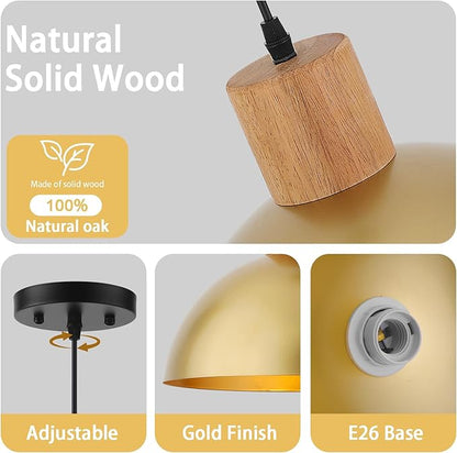 Gold Pendant Light, 11.8" Wood Pendant Lights Fixtures Adjustable Modern Dome Hanging Lighting,for Kitchen Island Dining Room Farmhouse Sink Office Bedroom