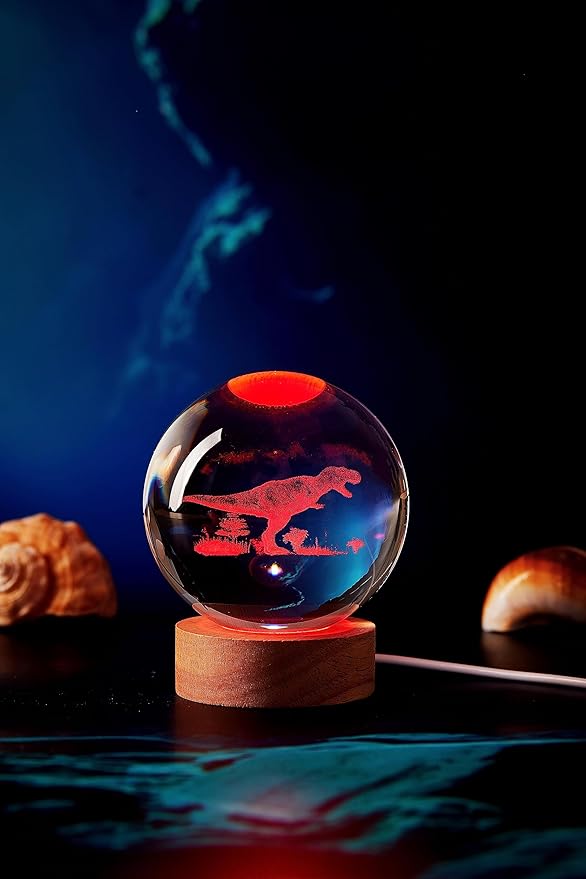 Dinosaur Crystal Ball Lamp, 3D K9 T-Rex, 3.15in USB Powered, 16 Colors Change, Remote Control, Night Light with Wooden Base, Gift Box