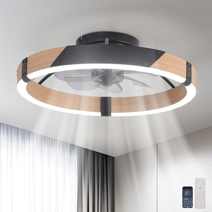 Garwarm 20IN Low Profile Ceiling Fans with Lights and Remote, 30W Fandelier Ceiling Fan Flush Mount,3000K-6500K Dimmable Bladeless LED Fan Light for Bedroom Kitchen Living Room Dining Room