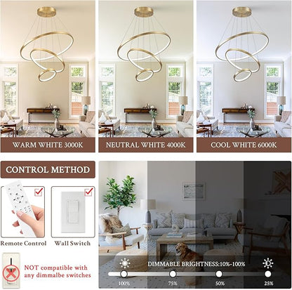 3 Ring Modern LED Chandelier Gold Dimmable Round Chandeliers, LED Circular Pendant Light Fixture with Remote Control for Living Room, Dining Room, Office, Entry, Bedroom