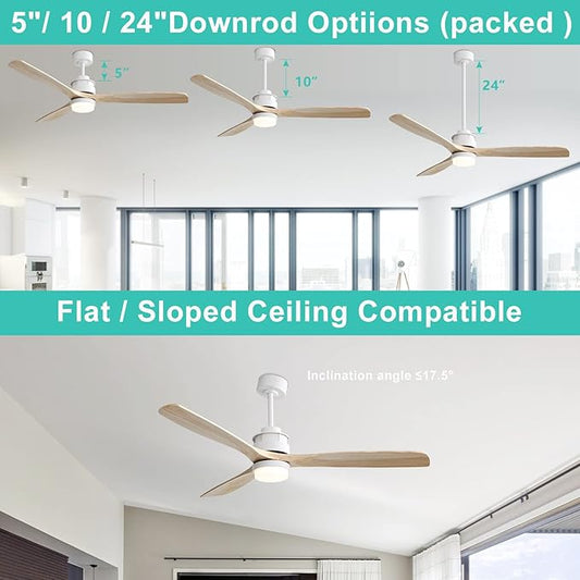 Sofucor 60 inch Ceiling Fan with Lights, Mordern Large LED Ceiling Fan with Remote, 3 Light Wood Blades and 3 White Downrods, for Indoor Living Room Bedroom Outdoor Patio Porch, Reversible DC Motor