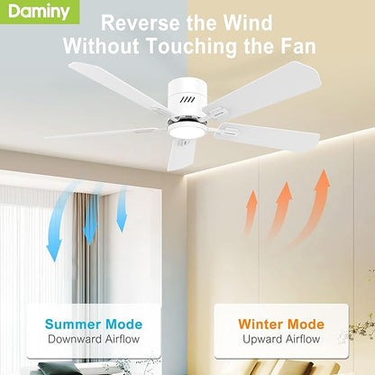 DAMINY 52 inch 5 Blades White Ceiling Fans with Lights,Flush Mount,6CCT, Low Profile Ceiling Fan with Light and Remote Control,DC Motor,Ceiling Fan for Bedroom, Kitchen,Living Room,Indoor/Outdoor Use