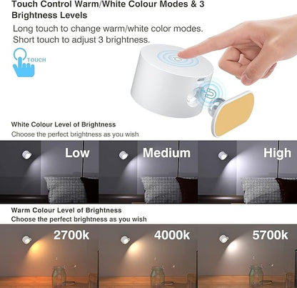 Deyagoo LED Wall Sconce, Wall Mounted Lamp with Rechargeable Battery Operated 3 Color Temperature & 3 Brightness Level 360°Rotate Magnetic Ball, Cordless Wall Light for Reading Bedside-White