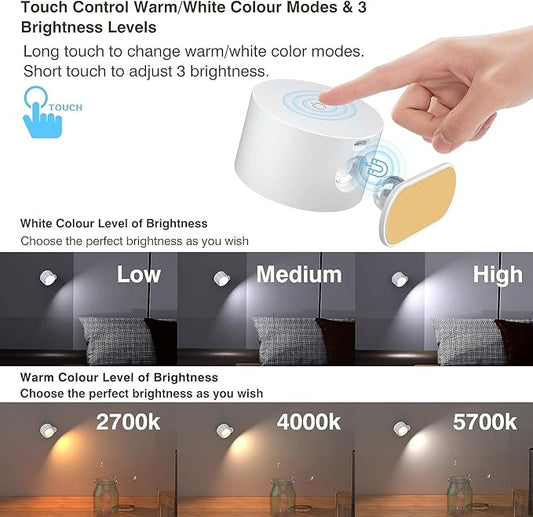 Deyagoo LED Wall Sconce, Wall Mounted Lamp with Rechargeable Battery Operated 3 Color Temperature & 3 Brightness Level 360°Rotate Magnetic Ball, Cordless Wall Light for Reading Bedside-White