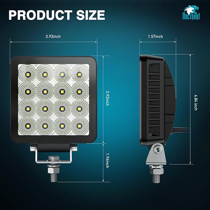 Nilight LED Light Pods 2 PCS 4 Inch 16LED Super Slim Flood Beam Square Driving Work Offroad Side Ditch Lights Built-in EMC for Tractor Truck Motorbike Boat ATV