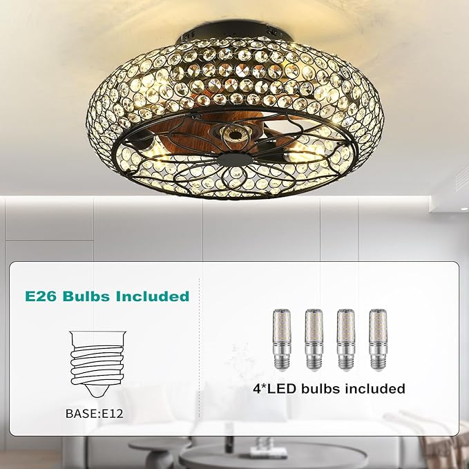 Caged Crystal Ceiling Fans with Lights and Remote,18.8" Flush Mount Low Profile Ceiling Fan with Light,6 Speed Enclosed Ceiling Fan with Reversible Motor for Bedroom Kitchen Living Room