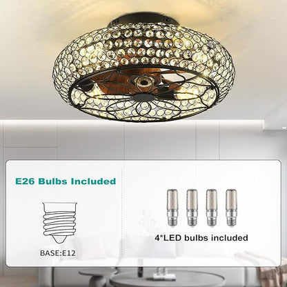 Caged Crystal Ceiling Fans with Lights and Remote,18.8" Flush Mount Low Profile Ceiling Fan with Light,6 Speed Enclosed Ceiling Fan with Reversible Motor for Bedroom Kitchen Living Room