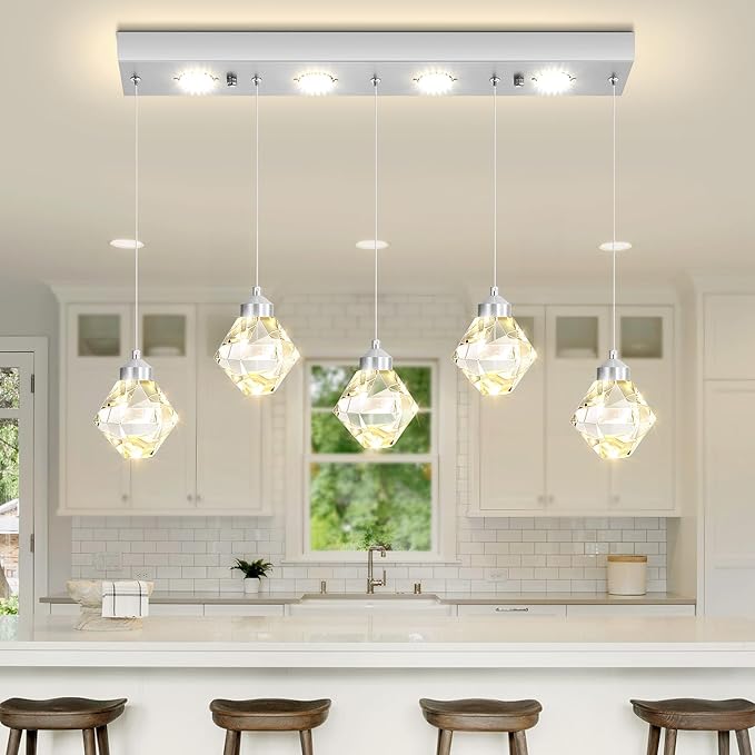 5-Lights Rectangular Pendant Light LED Dimmable Linear Crystal Chandelier Modern Rectangular Chandeliers for Dining Room Bedroom Silver Hanging Light