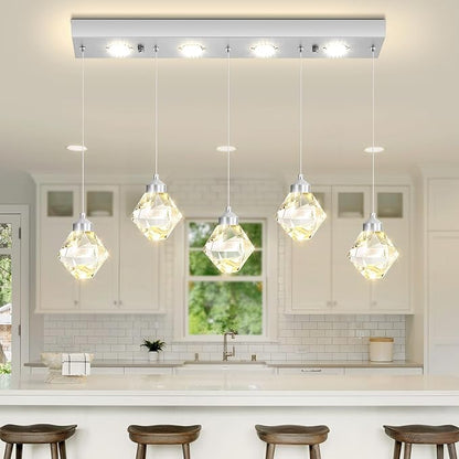 5-Lights Rectangular Pendant Light LED Dimmable Linear Crystal Chandelier Modern Rectangular Chandeliers for Dining Room Bedroom Silver Hanging Light