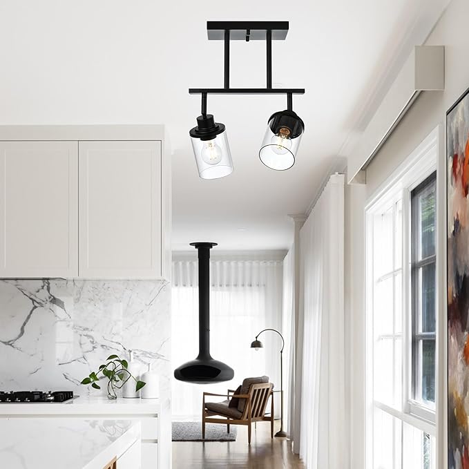 2 Light Track Lighting Kit, Black Bathroom Wall Lights with Clear Glass Shade, Ceiling Spot Lighting with Flexibly Rotatable Light Head for Kitchen Living Room Hallway