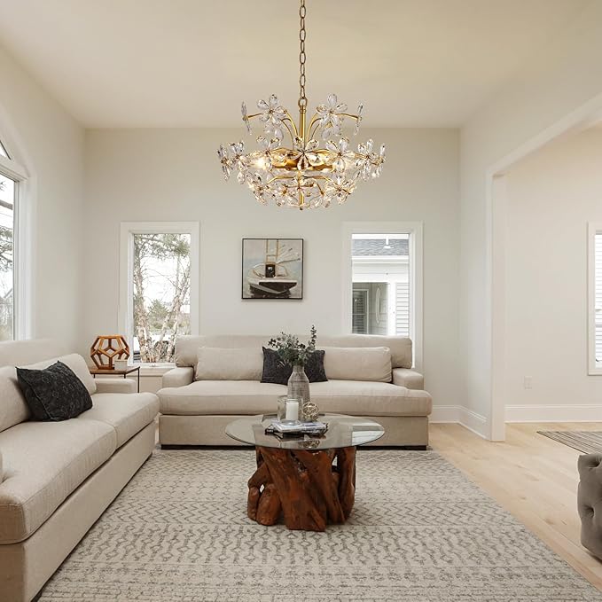 6-Light Gold Flower Crystal Chandelier 18'' Hanging Light Fixture with Height Adjustable Chain Farmhouse Chandelier for Dining Room, Living Room, Kitchen, Bedroom, Entryway, E12 Base (AJ9011)