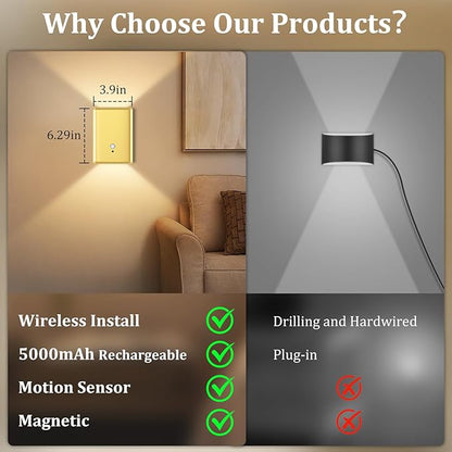 4 Pack Battery Operated Wall Lights - 5000mAh Rechargeable Motion Sensor Wall Sconce with Remote, 3 Colors Wireless Wall Lamp Magnetic Motion Sensor Night Light Indoor for Hallway Stairway, Gold