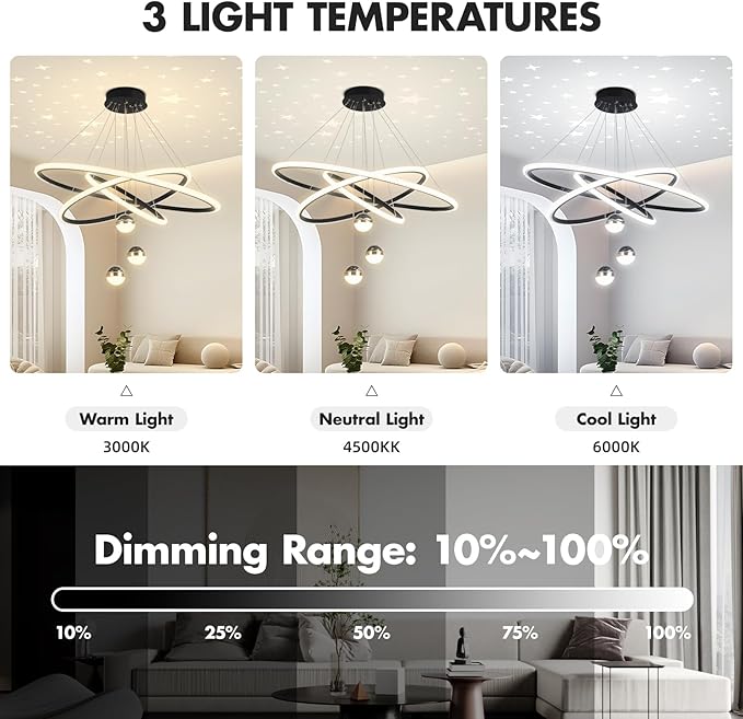 My Precious Modern LED Chandelier, 3-Ring Chandeliers for Dining Room with Remote, 3-Ball Dimmable Pendant Light, High Ceiling Hanging Restaurant LED Chandelier for Living Room, Bedroom.