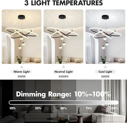 My Precious Modern LED Chandelier, 3-Ring Chandeliers for Dining Room with Remote, 3-Ball Dimmable Pendant Light, High Ceiling Hanging Restaurant LED Chandelier for Living Room, Bedroom.