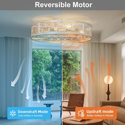 SHLUCE 22" Farmhouse Caged Ceiling Fan with Light, Flush Mount Low Profile Ceiling Fan with Lights, Large Bladeless Fandelier Ceiling Fan with Light and Remote for Kitchen, Bedroom, White Gold - ETL