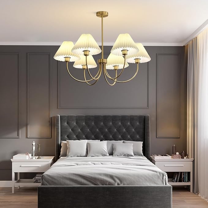 KCO Lighting Vintage Wrinkled Chandelier White Pleated Fabric Pendant Light Modern Gold Sputnik Chandelier 6-Lights Flush Mount Ceiling Light Classic Chandeliers for Dining Room