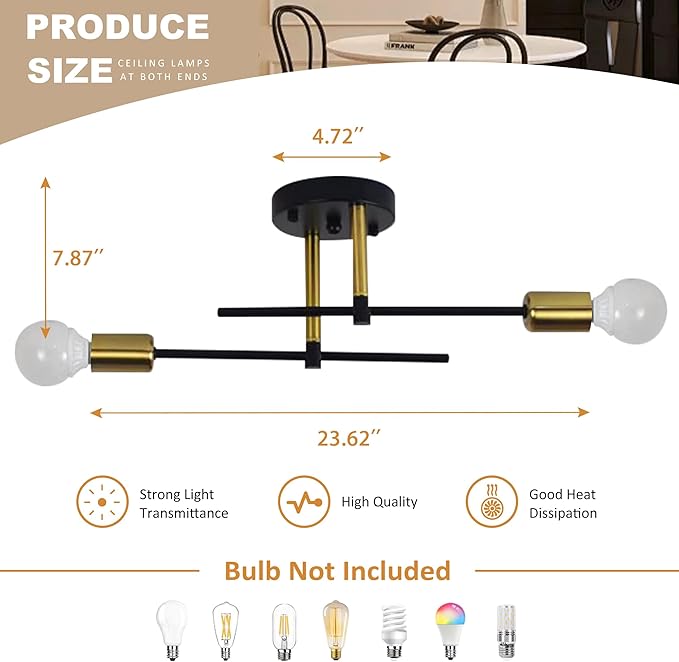 Modern Sputnik Chandelier 2-Light Adjustable Ceiling Light Fixture Black Semi Flush Mount Ceiling Lamp with E26 Base Industrial Ceiling Light for Dining Room Bedroom Foyer Hallway Living Room
