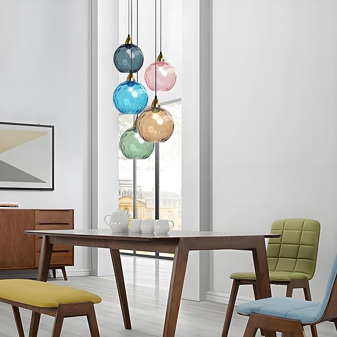 15cm/5.9’’ Industrial Vintage Spherical Glass Pendant Light, E26 Ceiling Hanging Lamp, Gold Finish & Ripple Glass Globe Shade, Dining Room Bedroom Chandelier (Azure Blue)